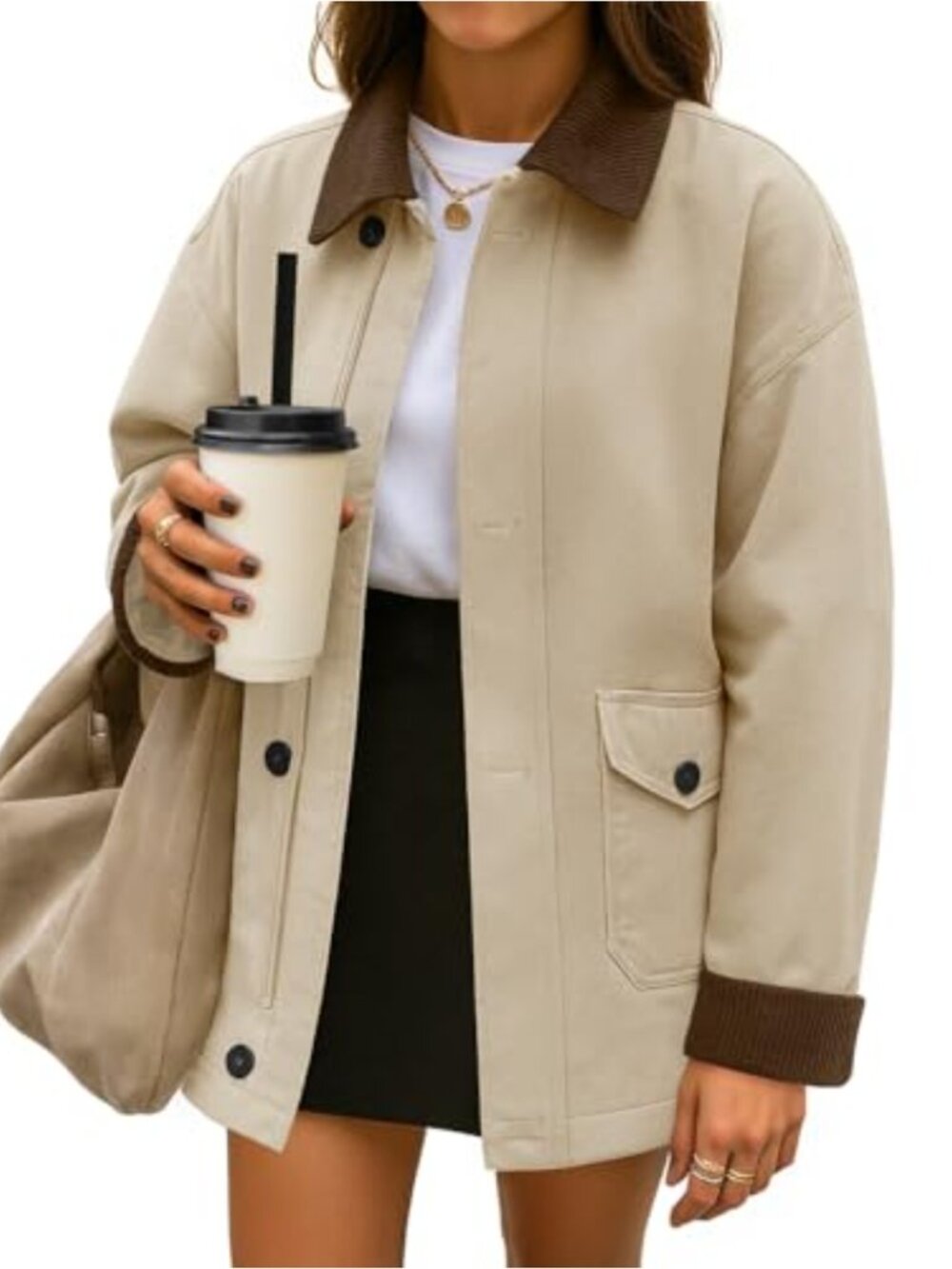 ZESICA Women's Oversized Barn Jacket Cotton Cargo Coat Contrast Collar Zip Up